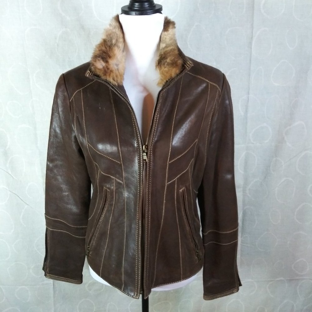 Marc New York Brown Leather Moto Jacket w/detachable Fur Collar M